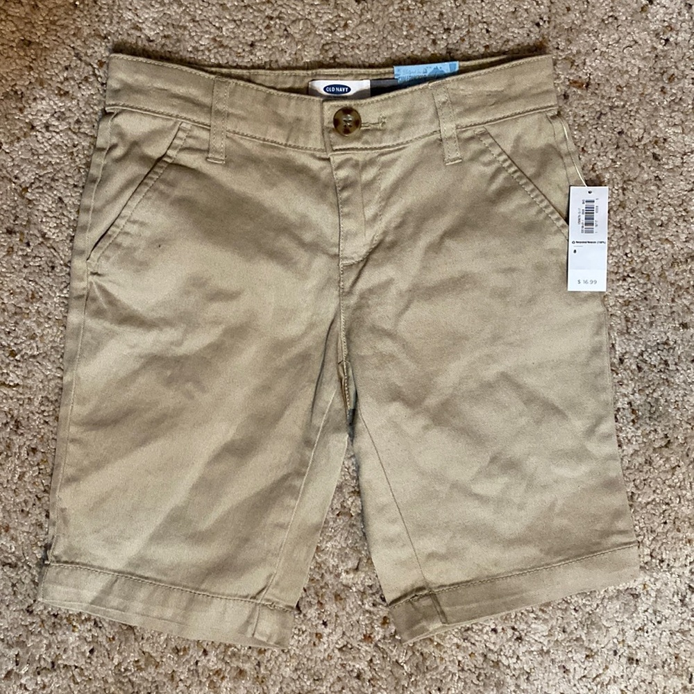 Old Navy Girls School Uniform Khaki Beige Bermuda Shorts Size 8 Adjustable Waist